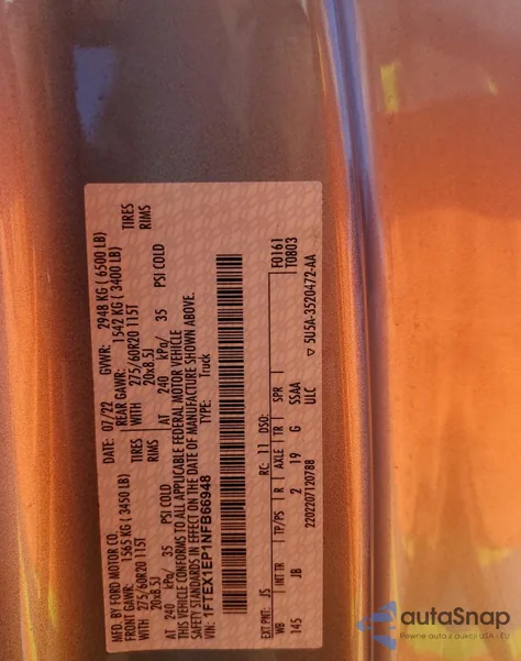 2022 Ford F150 Super Cab z USA, uszkodzony, nr VIN 1FTEX1EP1NFB66948